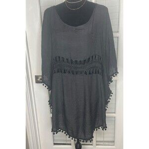 Aimage Women's BLACK Beach Cover Up W/pom Pom’s & flutter sleeves Size large